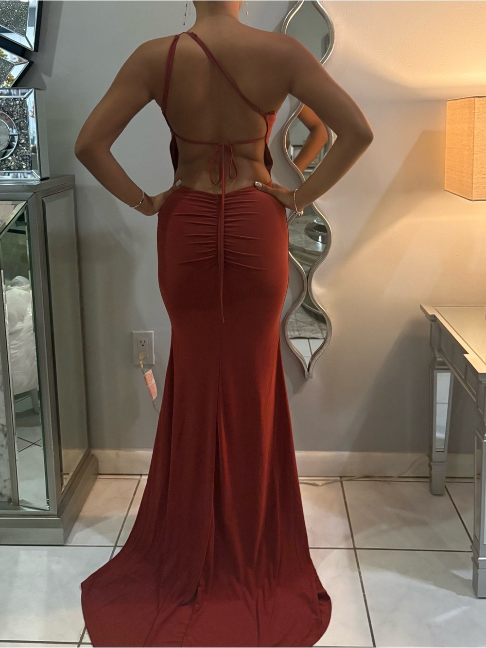 Rust Red Backless Ruched Evening Gown